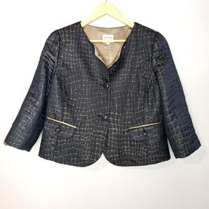Armani Collezioni Size 12 Black Gold Quilted Print Cropped Spring Fall Jacket